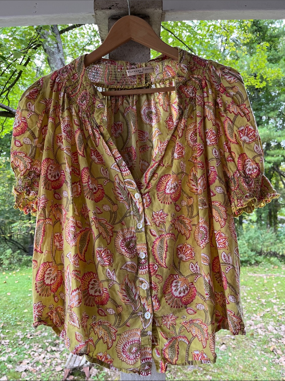 Wayward Fancies E Shakti Paisley Button Front Blouse in Green & Pink boho Cotton
